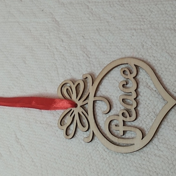 Peace Bememo Wooden Christmas Ornament 3.82 x 2.83 x 0.12 inches w Red ribbon - Picture 4 of 5